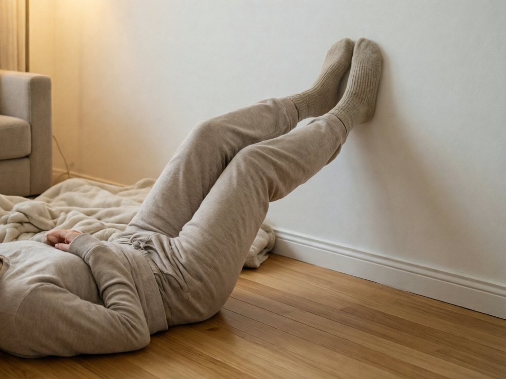 Woman lying on the floor with her legs resting up a white wall in a softly lit living room, shown for a 10-15 minute rest