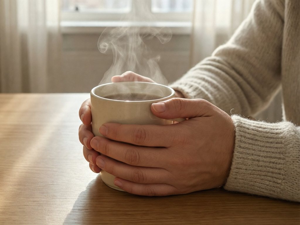 Hands holding a cream mug of steaming tea by a sunlit window