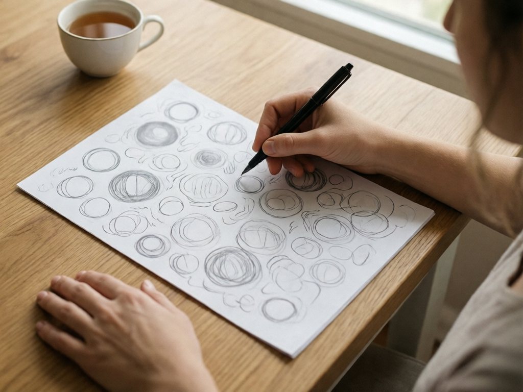 Hand doodling loose circles and lines on plain paper at a wooden table