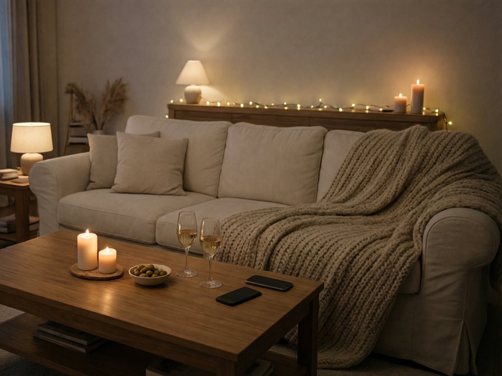 Dimly lit living room with candles, string lights, a knit throw and phones face-down on a clear coffee table