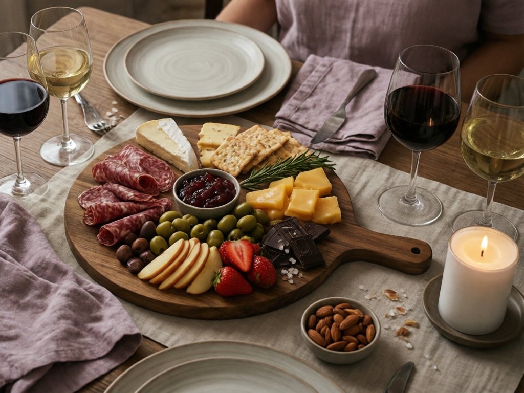 Charcuterie board with cheeses, salami, fruit and chocolate beside two wine glasses and a candle on a dining table