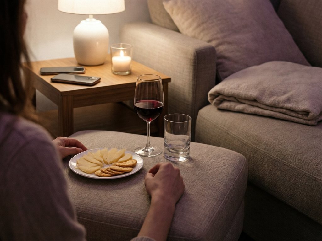 Small plate of cheese and crackers with a glass of wine and a candle on a living room side table