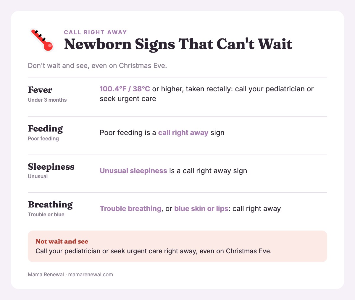 Info card listing newborn warning signs that need a call to the pediatrician right away, including a fever of 100.4°F