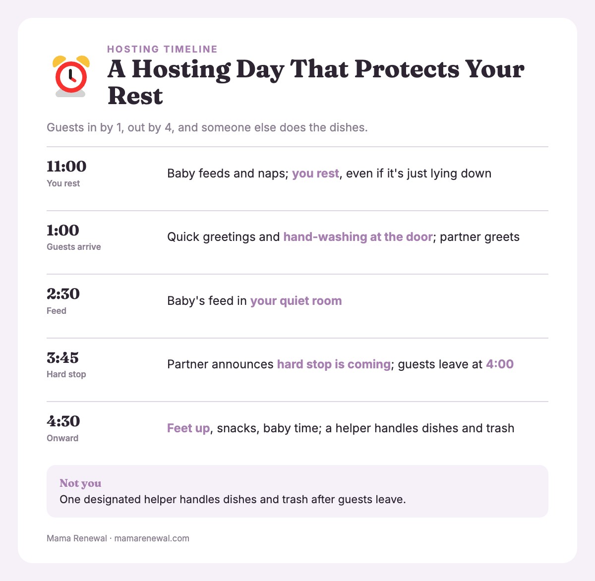 Info card showing a hosting timeline from 11:00 baby nap through guests leaving at 4:00 and rest from 4:30