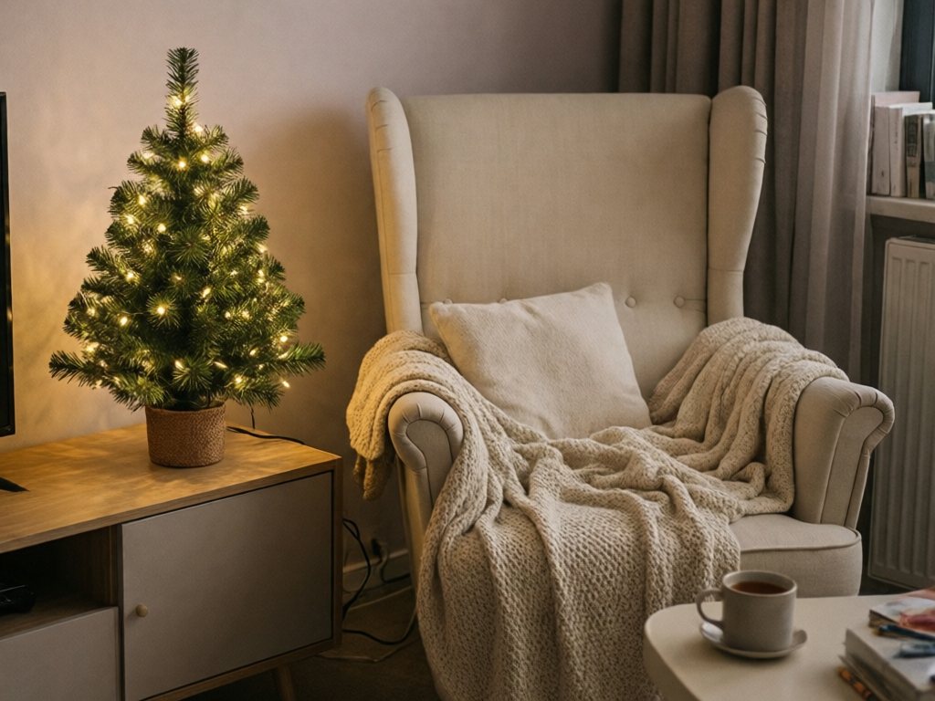 Dim living room with a small lit Christmas tree beside a cozy armchair and knit blanket