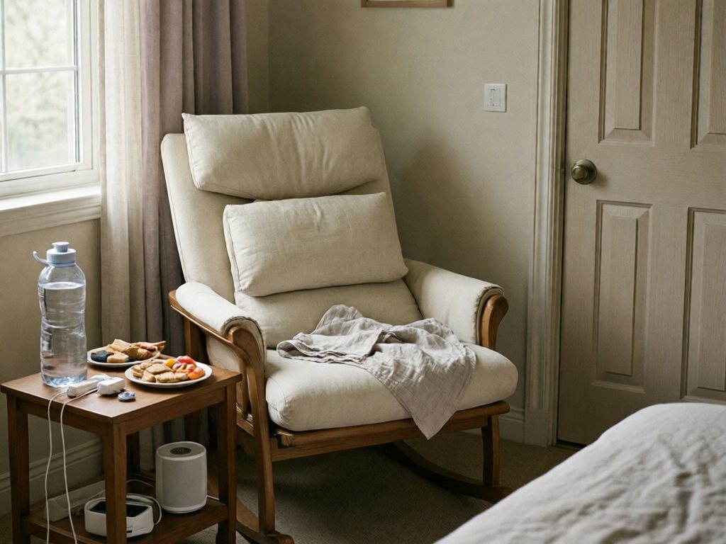 Quiet bedroom corner with glider chair, water, snacks and white noise machine