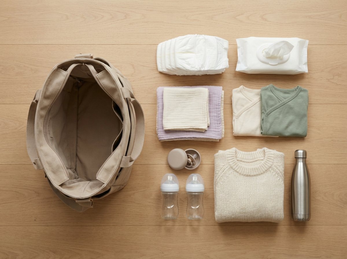 Open diaper bag with diapers, wipes, baby clothes, swaddle, bottles and an adult sweater flat-lay