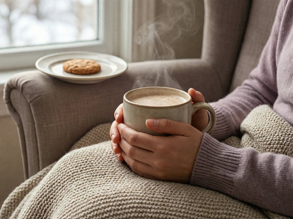 Hands holding a warm mug on a knit blanket in a quiet armchair by a window