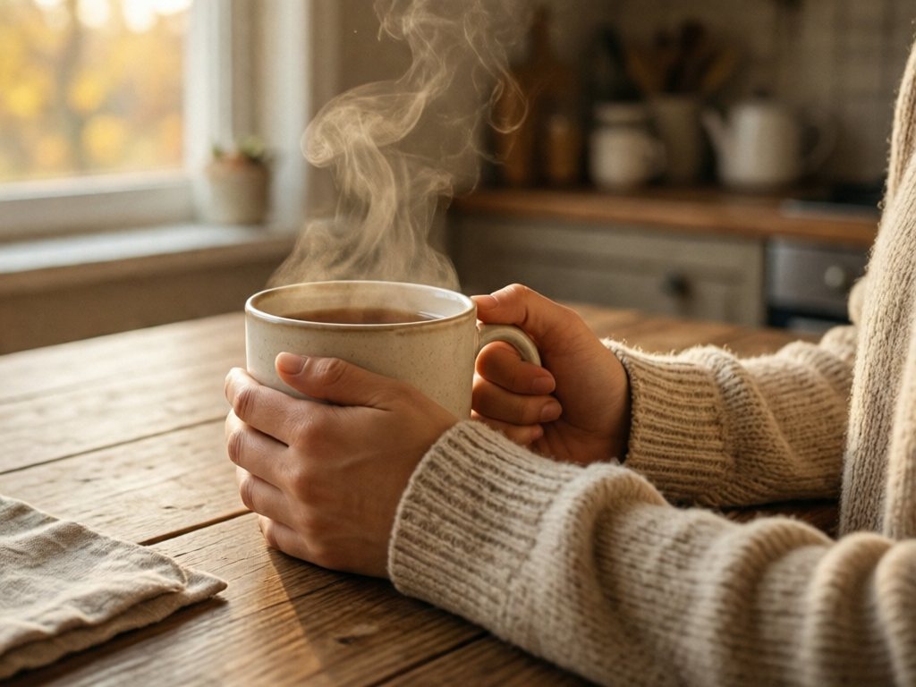 Two hands holding a steaming cream ceramic mug of tea at a kitchen table in warm window light