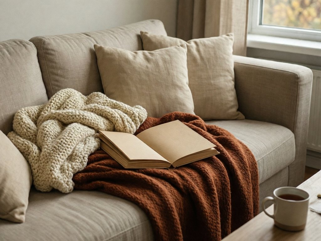 Couch heaped with knit blankets and pillows with a paperback and mug of tea beside it