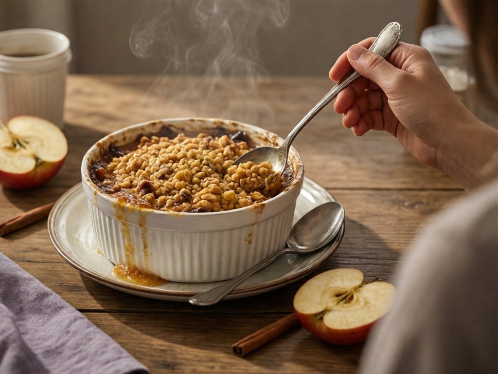 Single-serving apple crisp in a white ramekin with golden oat topping and a spoon