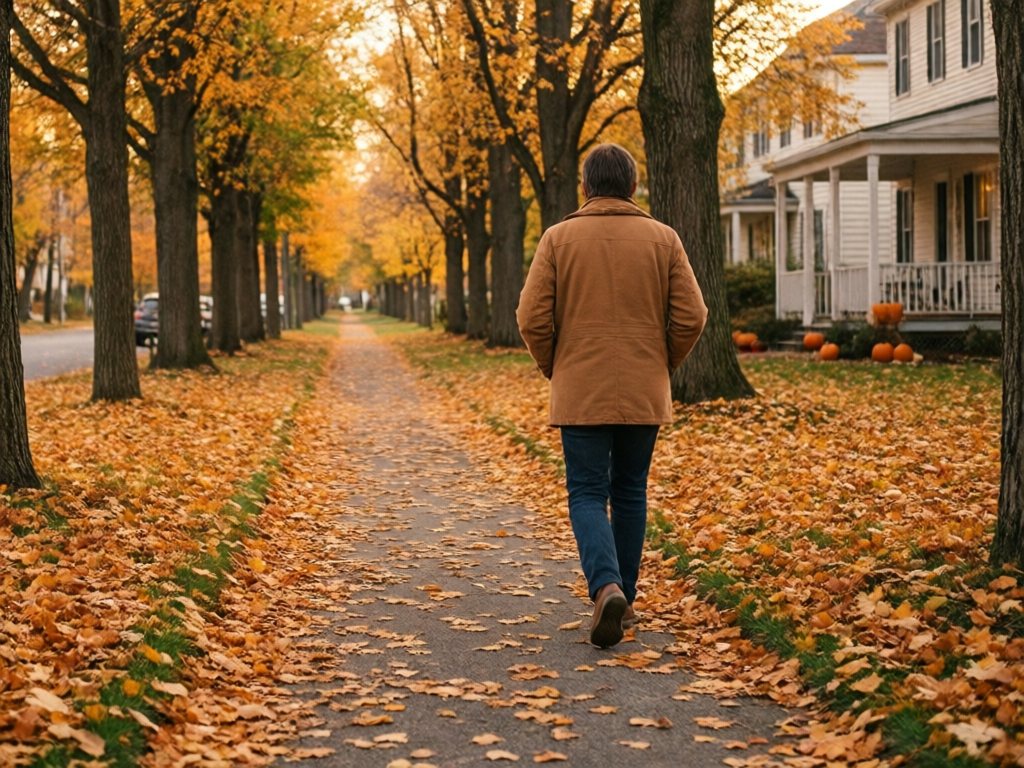Person in a camel jacket walking away down a leaf-covered sidewalk under golden autumn trees