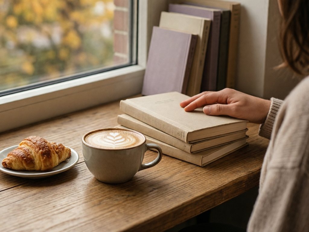 Café window seat with a latte, pastry and a stack of plain-covered books