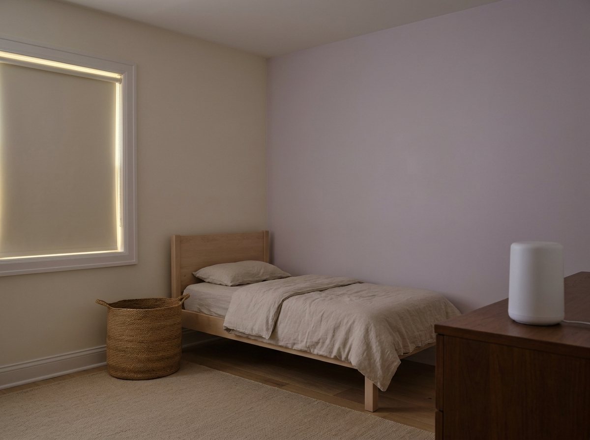 Dim toddler bedroom with a cordless blackout shade lowered and a low bed set away from the window