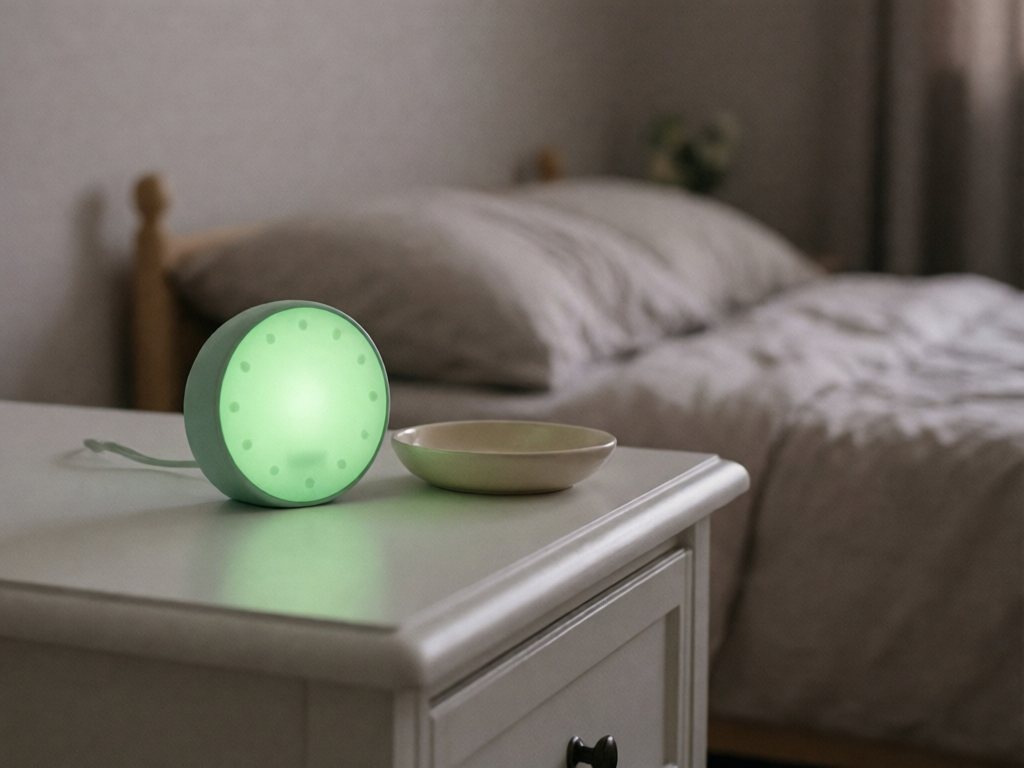 A small glowing green toddler sleep clock on a white dresser in a dim bedroom