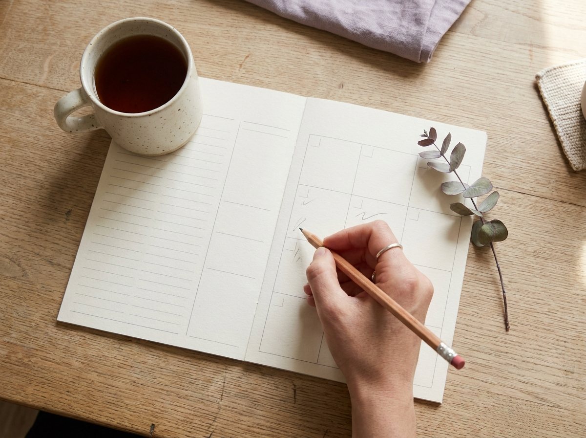 Overhead view of a blank paper planner with a pencil and tea mug on a wooden table