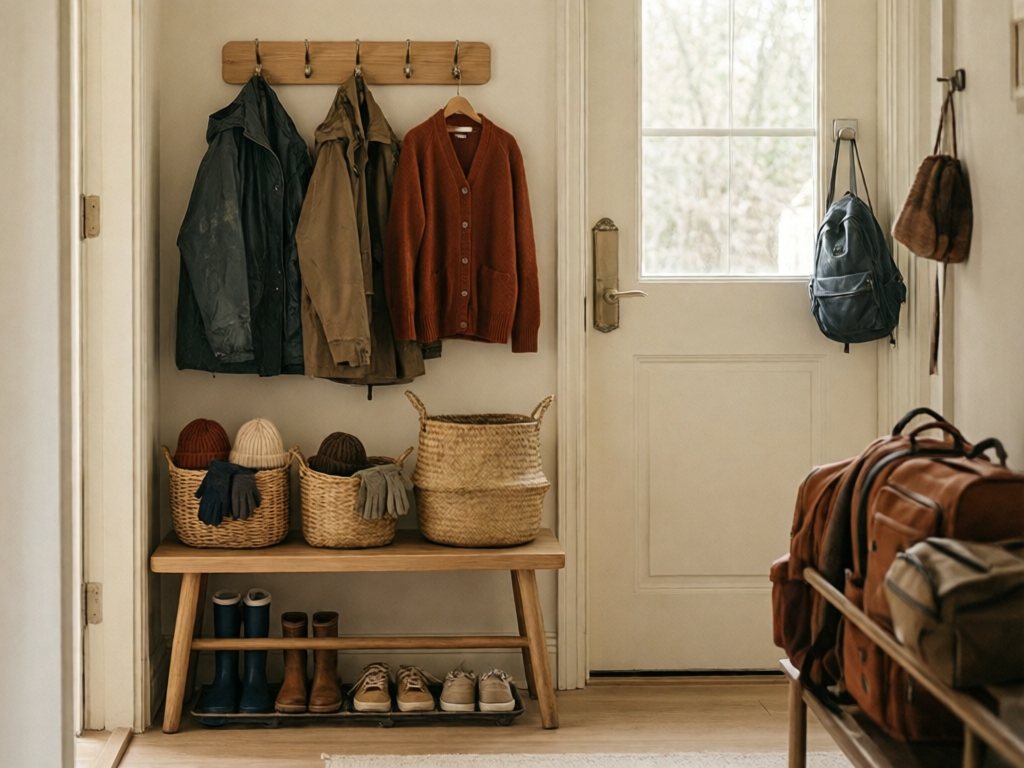 Entryway with low hooks, baskets of hats and gloves, a boot tray and backpacks on a shelf