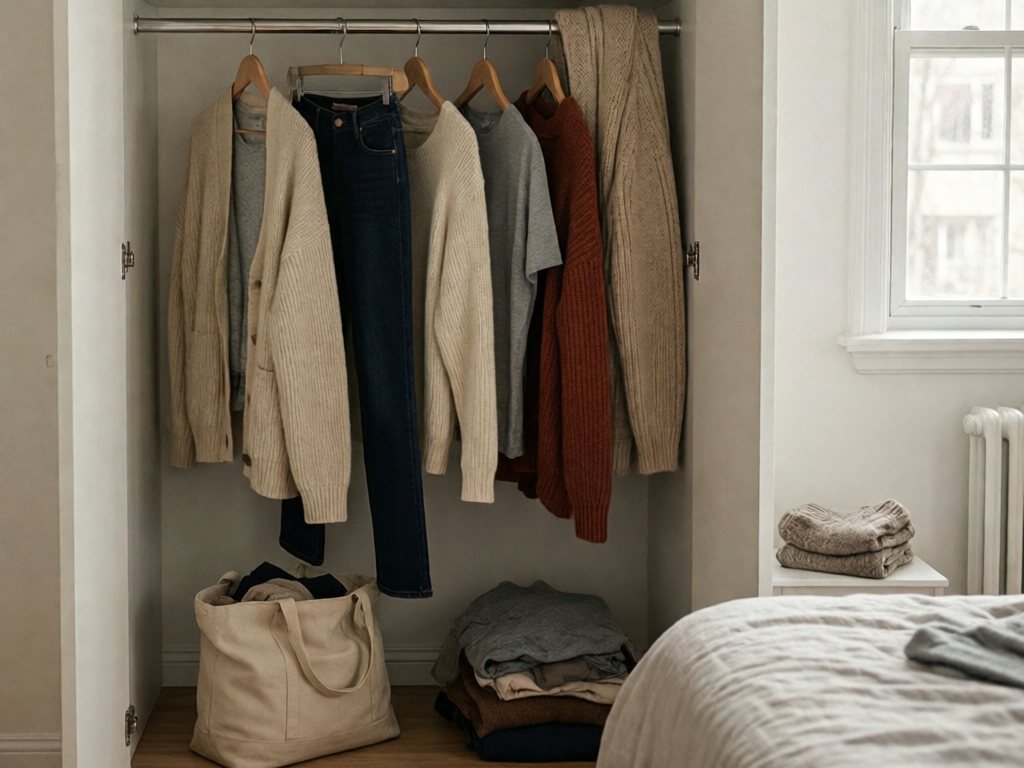 Closet rail with five go-to pieces hung together and a bag of set-aside clothes on the floor