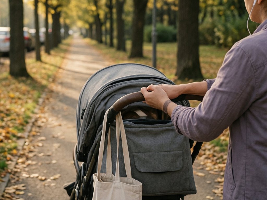 Mom pushing a stroller down a quiet leafy sidewalk with one earbud in, seen from behind