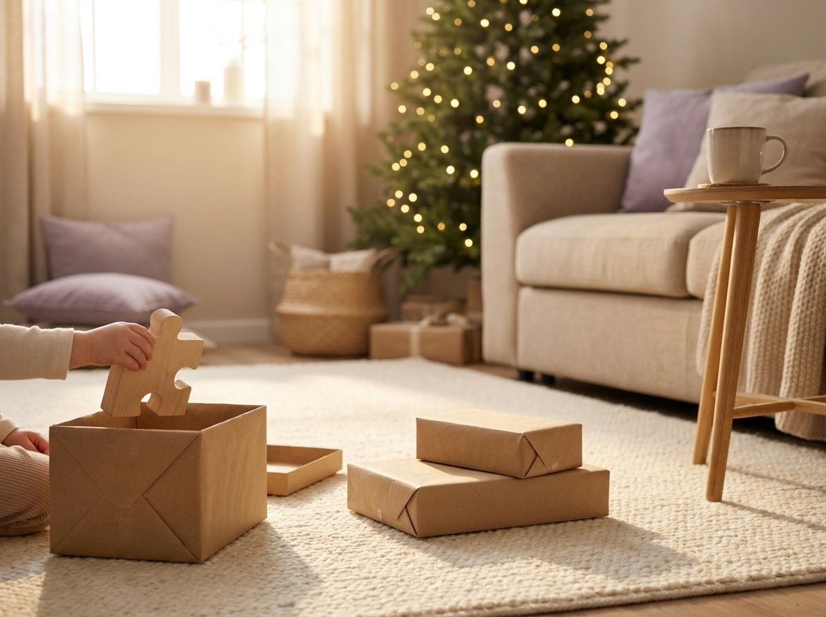 Toddler's hands lifting a wooden puzzle piece from an opened gift, with two wrapped gifts waiting on a cream rug