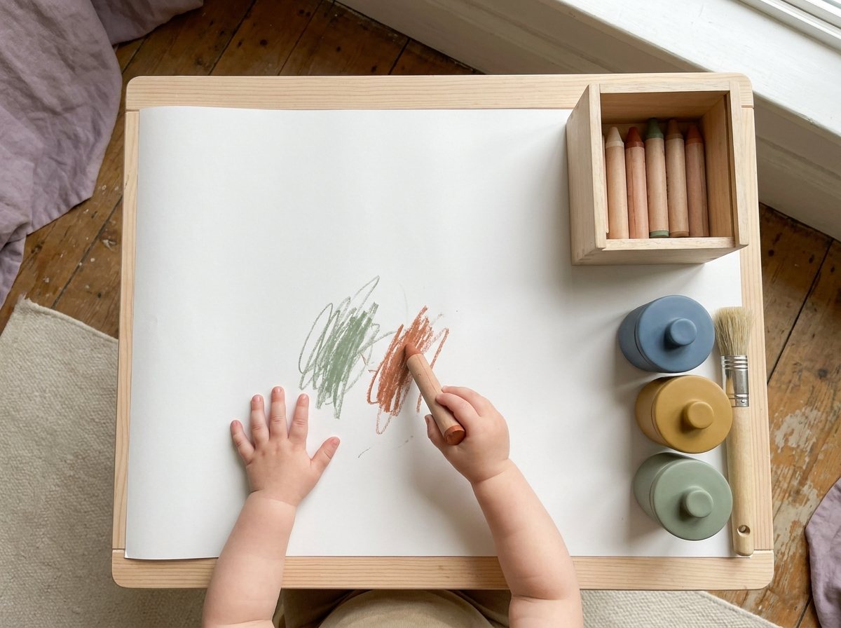Toddler hand scribbling with a jumbo crayon beside washable paint pots and a thick brush on a wooden table