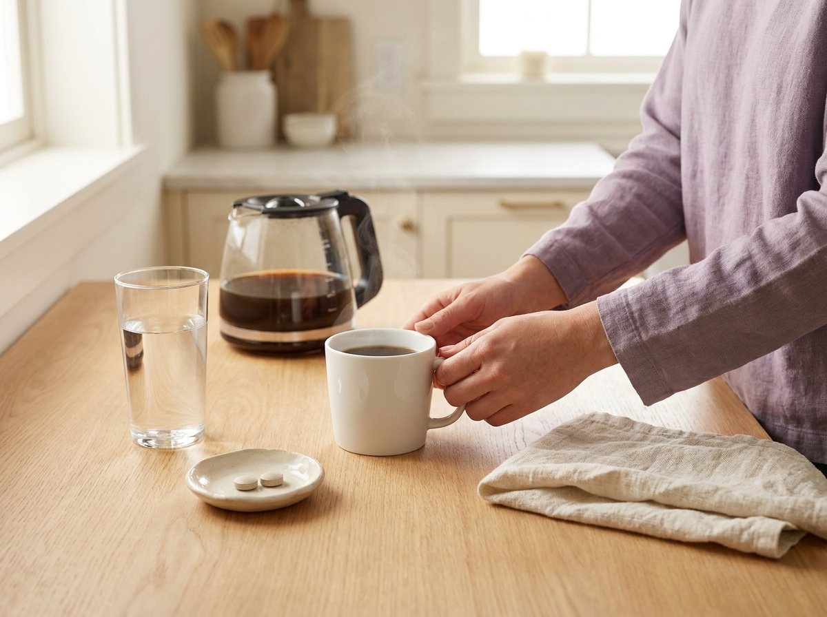 White coffee mug, glass of water and vitamins on a wooden kitchen counter in soft morning light