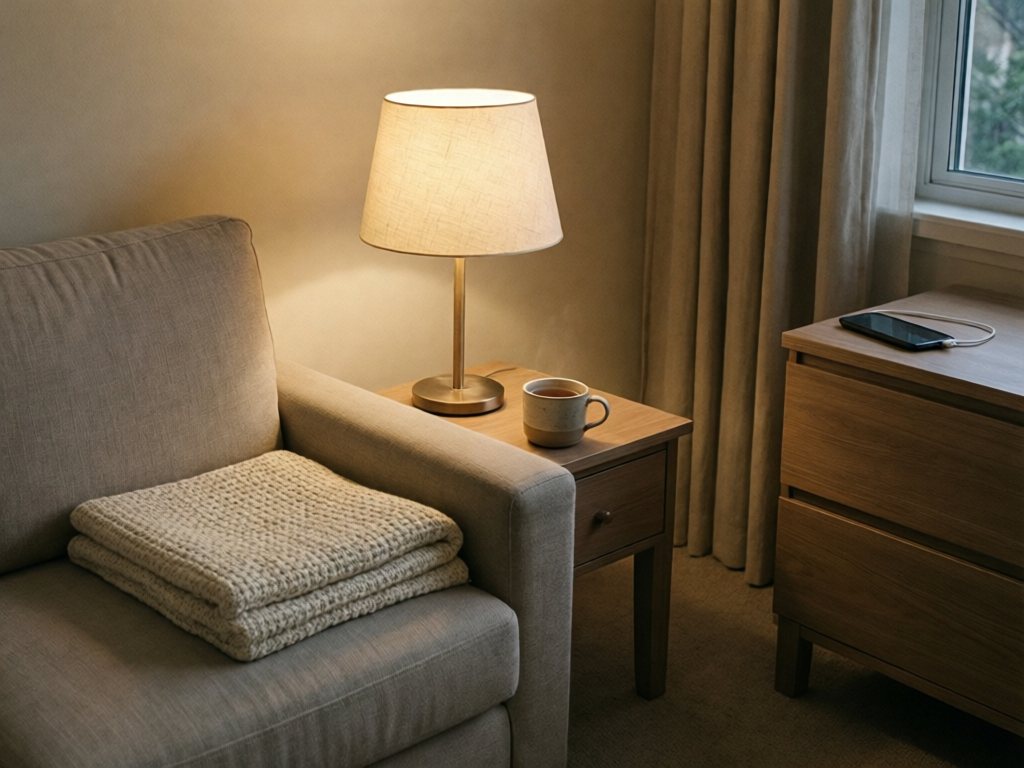 Lamp glowing beside a mug of tea and a folded blanket on a sofa in a calm evening living room