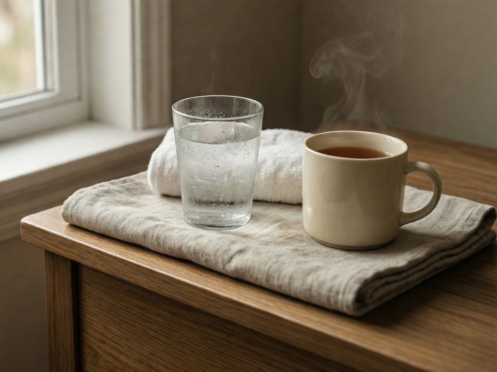 Glass of cold water, damp washcloth and mug of tea on a linen cloth