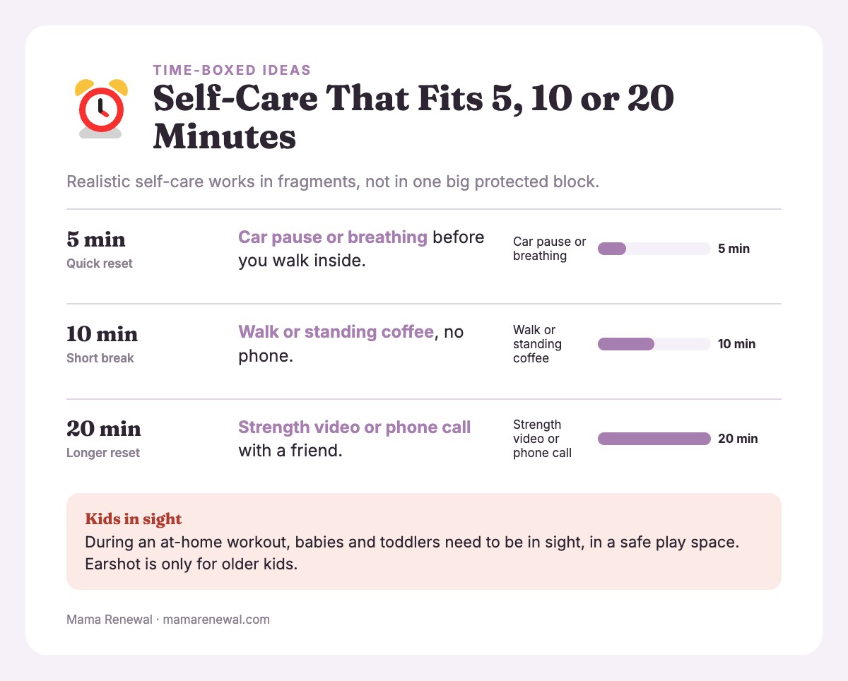 Info card showing self-care ideas for 5, 10 and 20 minute slots as bars