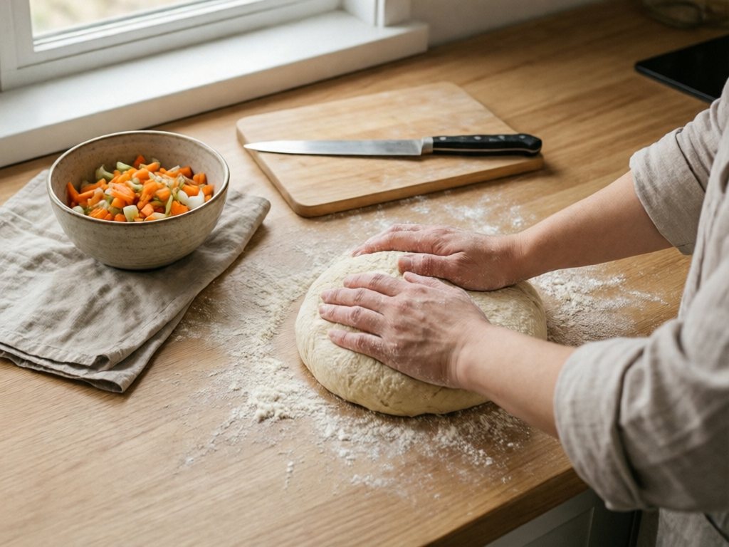 Woman's floured hands kneading dough on a wooden counter beside a bowl of chopped vegetables