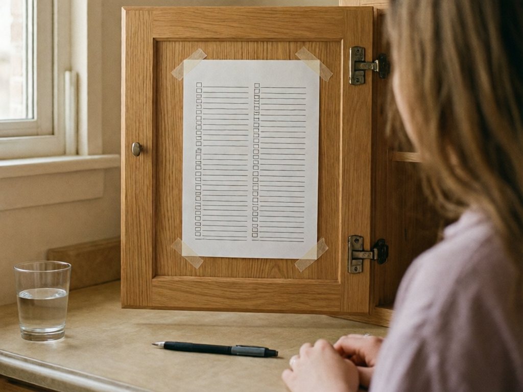 A printed checklist sheet with empty tick boxes taped inside a light wood kitchen cabinet door beside a pen