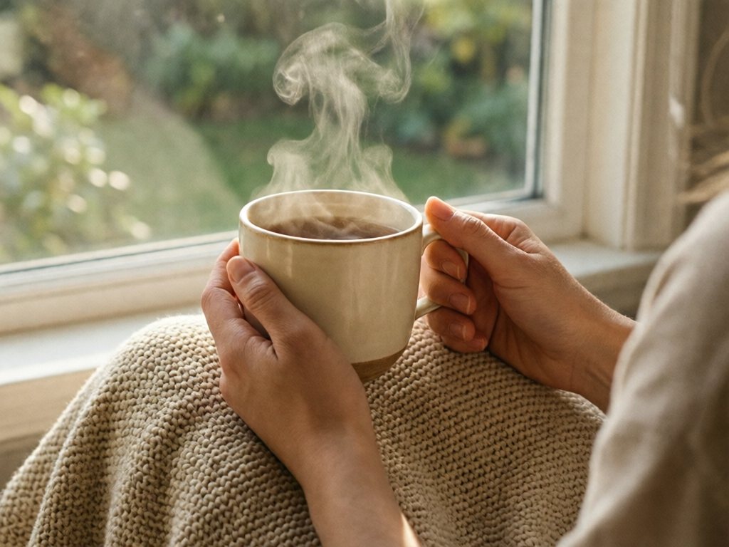 Adult hands holding a steaming cream ceramic mug by a sunny window, with a knit blanket across the lap and no children present
