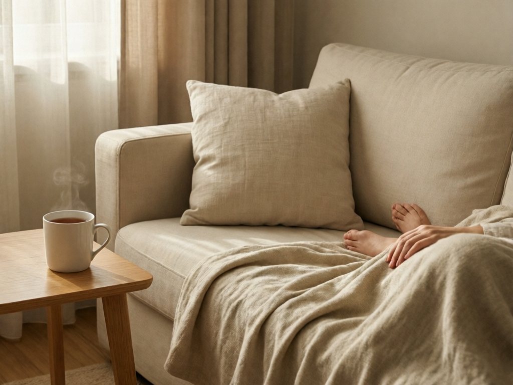 Cozy cream sofa with a linen throw, cushion and a mug of tea on a side table in soft daylight, with a woman's bare feet resting on the throw