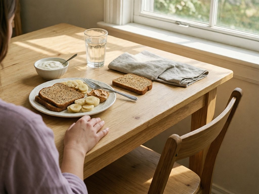 Toast with banana, yogurt and a glass of water on a wooden kitchen table beside a sunny window