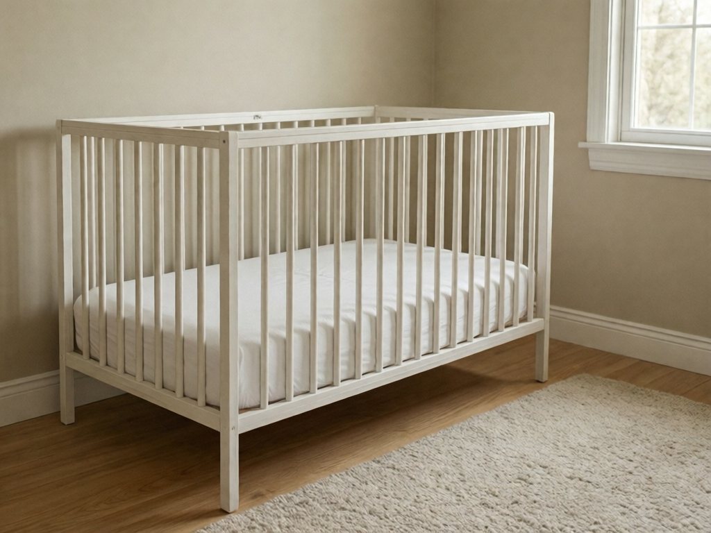 Empty white crib with a tight white fitted sheet in a calm neutral nursery