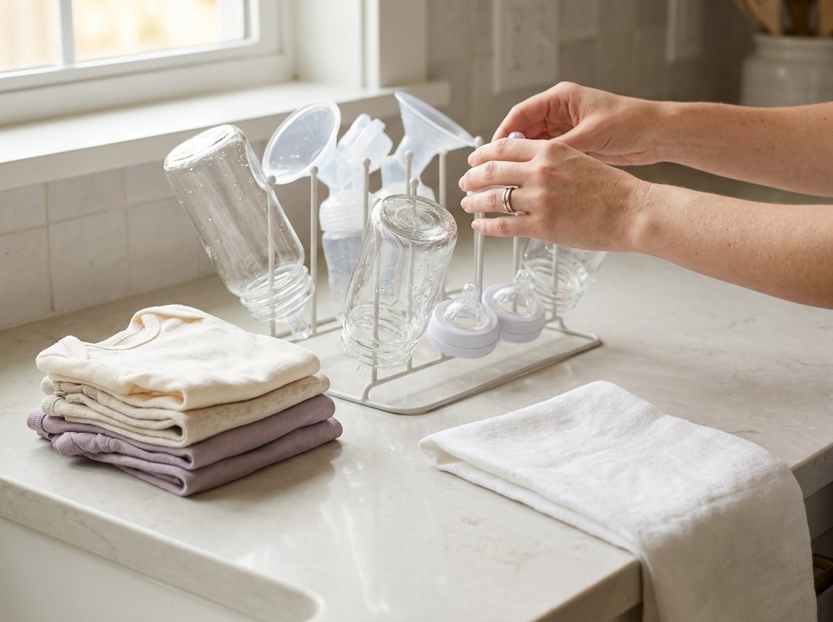 Washed baby bottles on a drying rack beside a folded stack of baby clothes on a kitchen counter