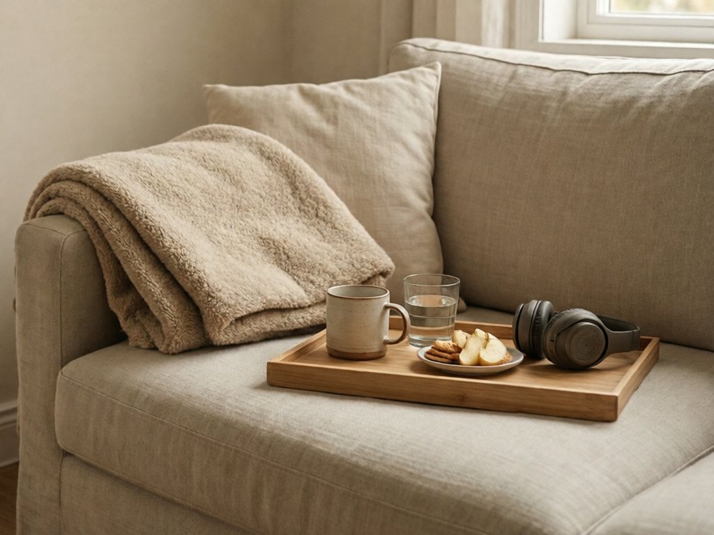 Couch corner with a folded blanket and a tray holding a mug, water, snack and headphones
