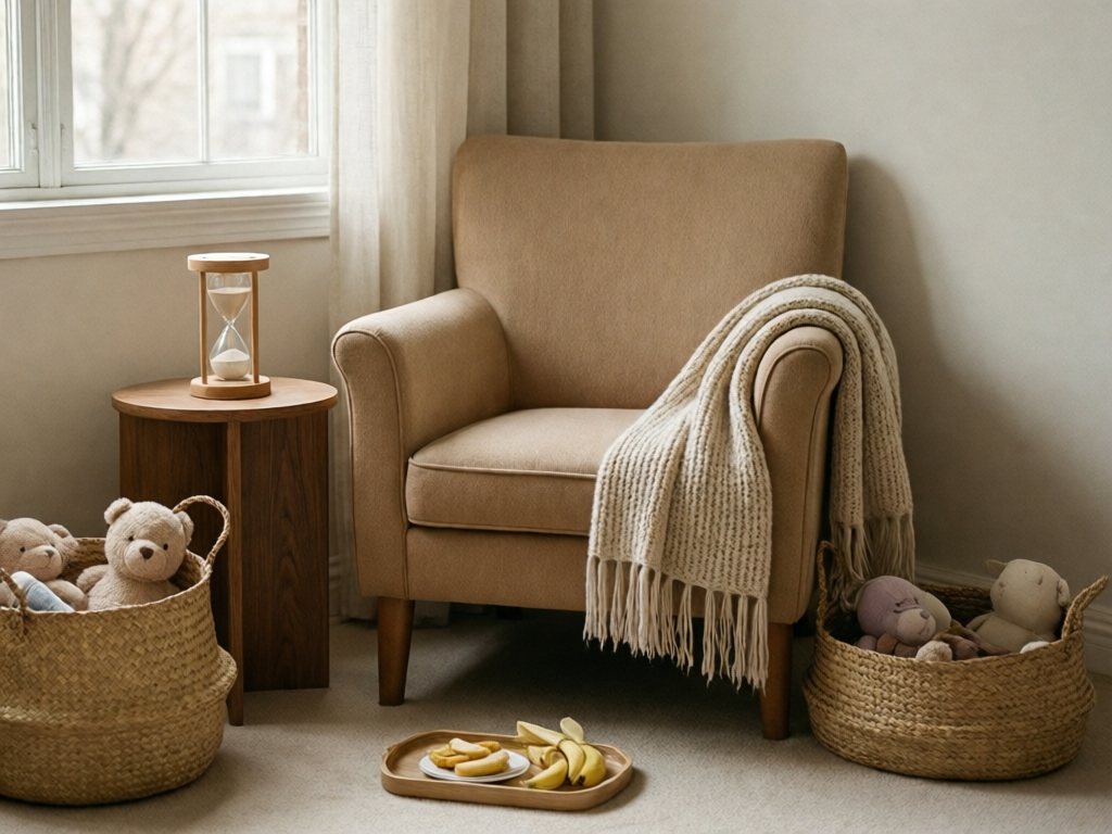 Armchair by a window with a scarf, sand timer and a basket of quiet toys on the floor beside it