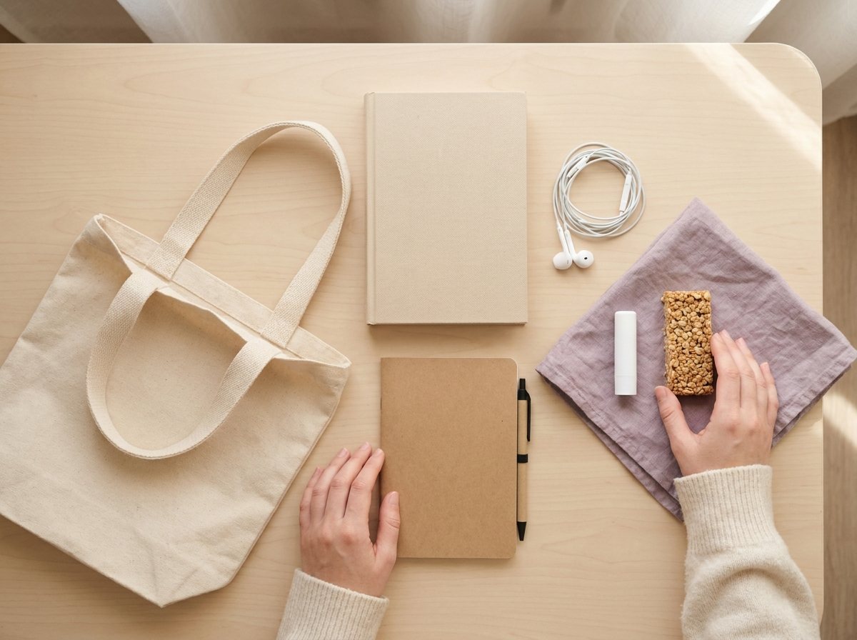 Flat lay of a pickup kit with paperback, headphones, notebook, lip balm and snack bar beside a canvas tote