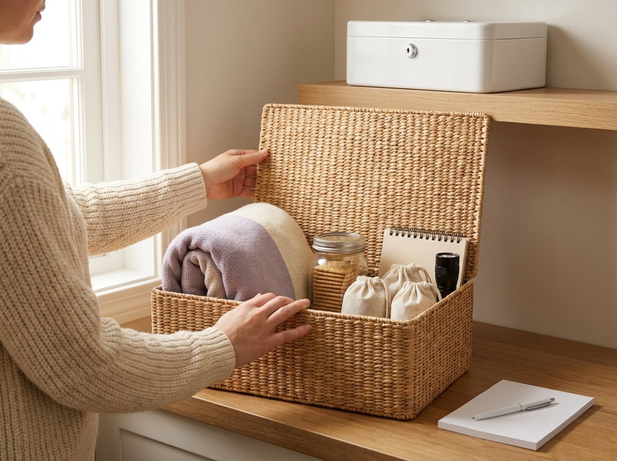 Open woven sick-day box with blanket, activities and snacks on a counter, medicine tin stored on a high shelf