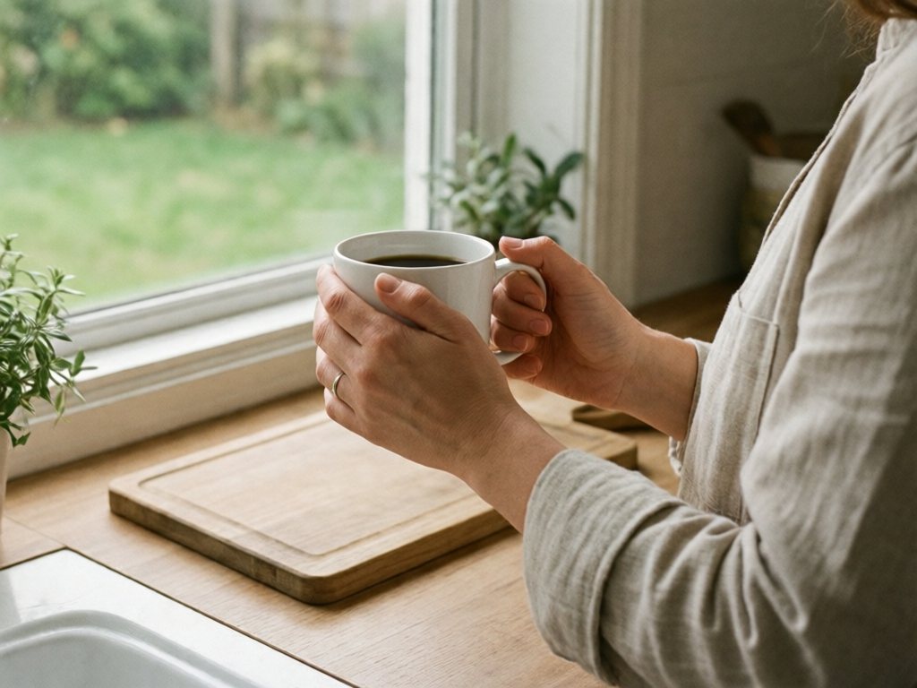 Adult hands holding a white coffee mug at a bright kitchen window in the morning
