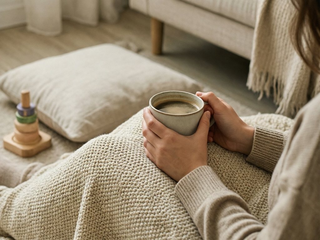 Woman's hands holding a coffee mug on a lap beside a cream blanket in a quiet, neutral living room