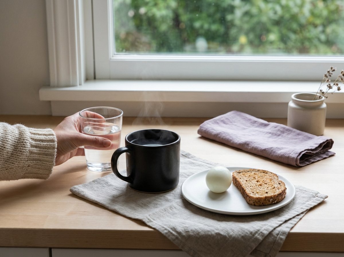 Hand holding a glass of water beside a mug of coffee and a plate of egg and toast on a light kitchen counter
